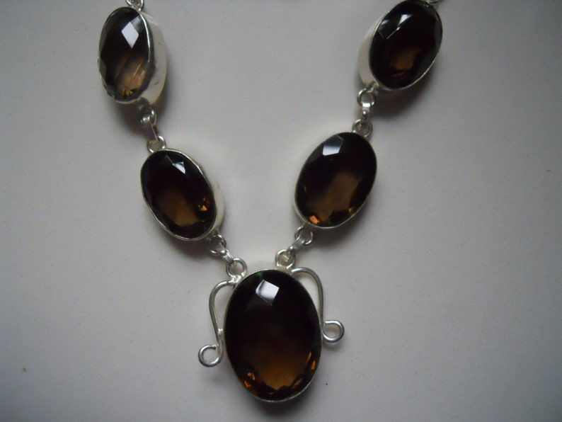 Sterling Silver Large Smoky Quartz 5 Stones Statement Necklace image 1