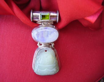 Vintage Sterling Silver Peridot Rainbow Moonstone Jade Slide Pendant