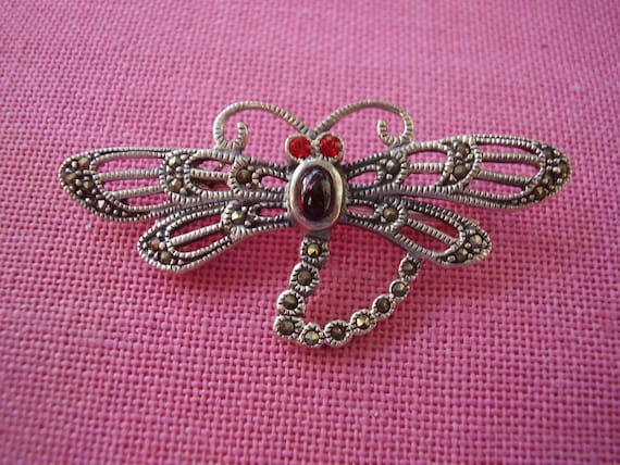 Vintage Sterling Silver Marcasite Dragon Fly Pin - image 1