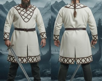 Túnica vikinga medieval con ribete de cuero, traje nórdico
