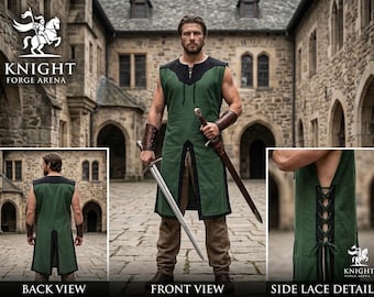 Medieval Cotton Canvas Surcoat with Side Lacing, LARP Tabard, Two-Tone Knight Tunic, Cosplay Costume, Fantasy Archer Armor