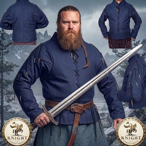May include: A navy blue medieval gambeson with long sleeves and a laced front. The image shows the gambeson from multiple angles, including a close-up of the sleeves and back. A sword and a brown leather belt are also visible. The Knight Forge Arena logo is in the image.