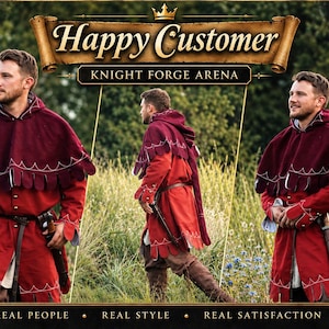 May include: A red tunic featuring a dark red hooded capelet with scalloped edges and white decorative stitching. The garment includes a long-sleeved red tunic with a matching scalloped hem, a brown leather belt, and a sheathed dagger at the waist.