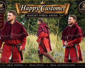 Medieval Wool Coat – Scalloped Embroidery, Brass Buttons, Renaissance Tunic (LARP Costume)