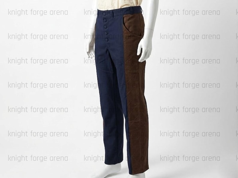 May include: Two-tone pants with a navy blue left leg and a brown right leg. The pants have a button fly and a classic, tailored fit. The garment is displayed on a mannequin against a white background.