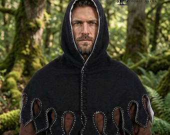 Hand Sewn Medieval Wool Liripipe Hood, Dagged Leaf Viking Cowl, Linen Lined Chaperon