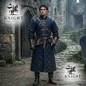 May include: A dark blue quilted long coat with brown leather straps and buckles, worn with brown leather gloves and boots. Two swords are strapped to the back. The text KNIGHT FORGE ARENA appears twice with a logo of a knight on a horse.
