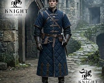 Witcher Bear School Gambeson – Geralt Quilted Armor Padded Jacket with Leather Brass Details