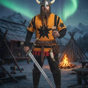 May include: A person in a Viking costume, holding a sword and a mug of beer. The costume includes a horned helmet, yellow and black tunic, and leather belt. The background features a snowy landscape and the text "Knight Forge Arena".