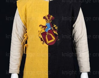 Custom Heraldry Embroidered Medieval Linen Surcoat - Two-Tone Knight's Tabard KFA-1048