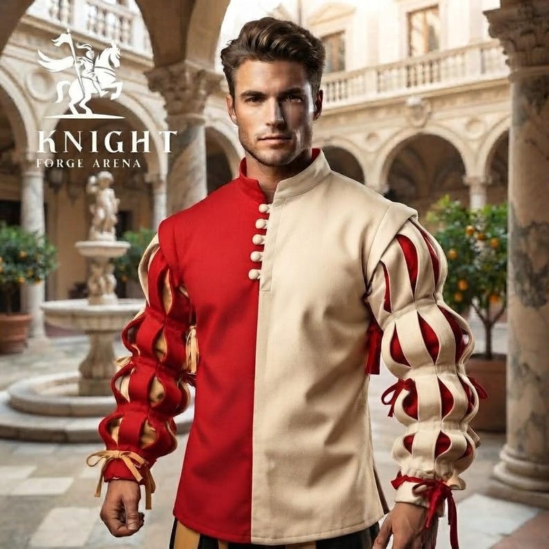 Peut inclure: Une chemise &agrave; manches longues pr&eacute;sentant un design divis&eacute; avec un c&ocirc;t&eacute; rouge uni et l'autre beige uni. Les manches sont compos&eacute;es de sections bouffantes en tissu beige superpos&eacute;es sur du rouge, fix&eacute;es par de fins liens rouges aux poignets.