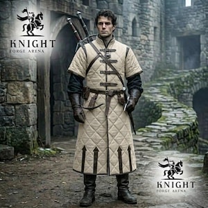 May include: A person wearing a beige quilted gambeson with brown leather straps and trim, dark gloves, and dark trousers. Two swords are strapped to the back. The text KNIGHT FORGE ARENA appears with a logo of a knight on a horse.