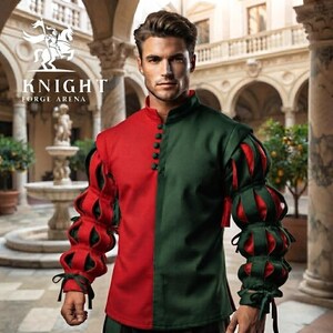 Peut inclure: Une chemise &agrave; manches longues pr&eacute;sentant un design divis&eacute; avec un c&ocirc;t&eacute; droit rouge et un c&ocirc;t&eacute; gauche vert fonc&eacute;. Les manches sont construites avec des bandes de tissu verticales cr&eacute;ant un effet bouffant, r&eacute;v&eacute;lant du tissu rouge. Col montant et boutons.