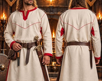 Two-Tone Medieval Cotton Canvas Tunic – Viking LARP Costume with Leather Accents