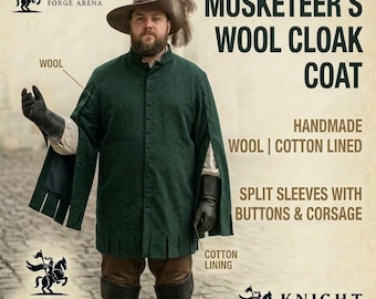 Musketeer Wool Cloak Coat | Renaissance Men's Jacket with Split Sleeves | Handmade Historical Cosplay Tunic