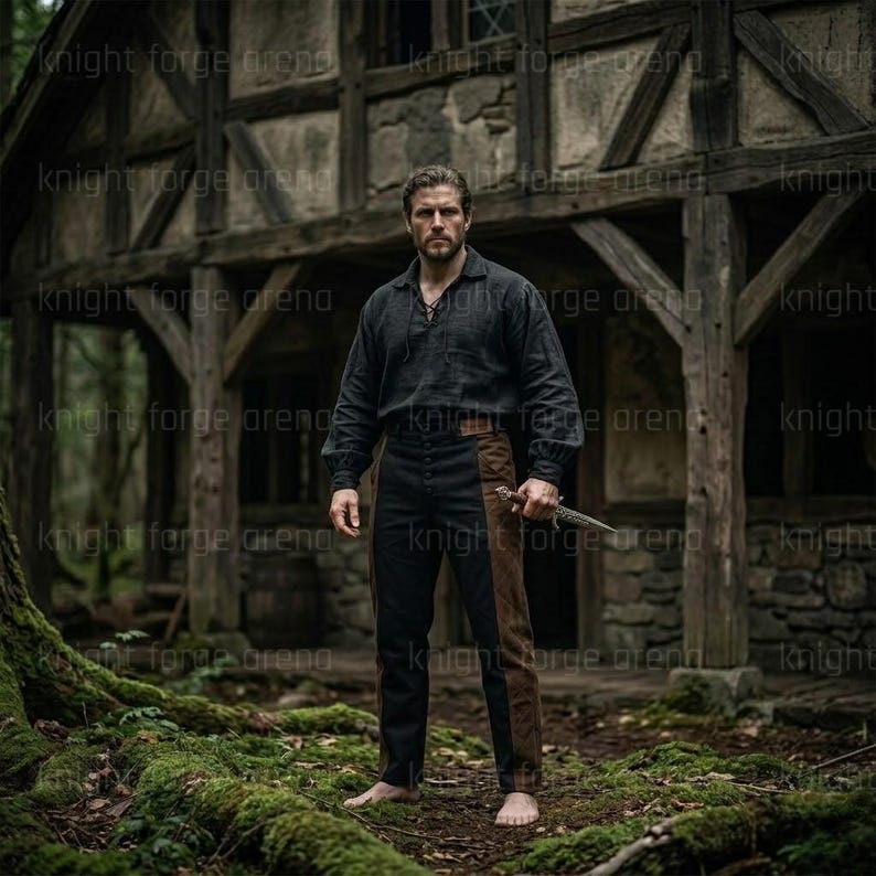 May include: A man in a dark gray long-sleeve shirt and black pants with brown side panels stands barefoot in a forest. He holds a dagger and is in front of a rustic wooden building. The image has the text "knight forge arena" repeated.