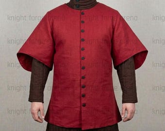 Surcot médiéval 100 % pur lin - Tunique pour homme boutonnée sur le devant - Survêtement double épaisseur reconstitution