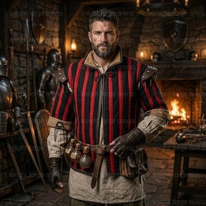 May include: A medieval-style outfit featuring a red and black striped vest, leather gloves, and a belt with vials. The scene is set in a dimly lit workshop with medieval armor and tools in the background.