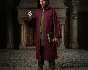 Medieval Mage Coat with Hood Long Wizard Robe Baggy Sleeve Sorcerer Cloak Historical Buckle Cotton Canvas or Wool LARP Witch Cosplay wear