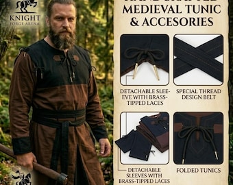 Two-Tone Cotton Canvas Medieval Tunic, Detachable Sleeves, Viking Cosplay Costume