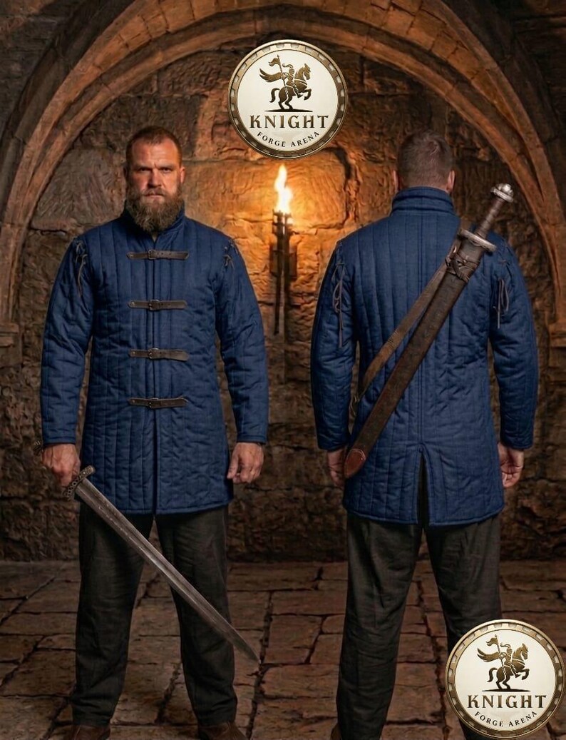 May include: Two men wearing navy blue quilted jackets with leather straps and a long sword. The jackets have a button-up front and are worn with dark pants. The background features a stone archway and a torch. The image includes the text "KNIGHT FORGE ARENA" in a circular logo.