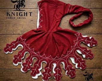 Hand Embroidered Wool Liripipe Hood, Dagged Leaf Edges, Linen Lined (SCA Reenactment)