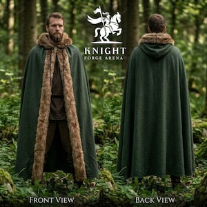 May include: A floor-length dark green cloak featuring a hood and a thick brown faux fur trim along the front opening. The garment is shown from both the front and back, displaying a solid dark green fabric construction and a hood.