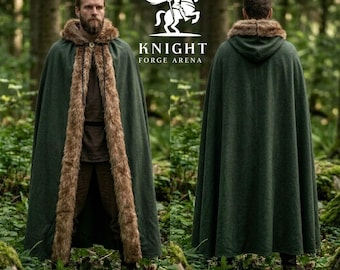 Faux Fur Trimmed Medieval Cloak | Cotton Canvas or Wool Hooded Cape (LARP Cosplay)