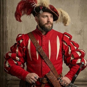 Medeltida herrdräkt med snett snitt - kanvasjacka med puffärmar - historisk cosplay-kostym KFA-1045