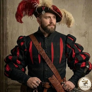 Medeltida herrdräkt med snett snitt - kanvasjacka med puffärmar - historisk cosplay-kostym KFA-1045