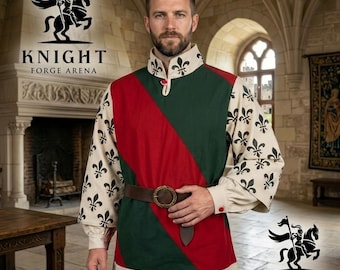 Fleur de Lis Medieval Tunic, Double Layer Canvas Shirt, Viking Knight LARP SCA Clothing