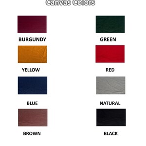 May include: Image displaying eight canvas color swatches: burgundy, yellow, blue, brown, green, red, natural, and black. The text "Canvas Colors" is at the top. Each color is labeled below its respective swatch.