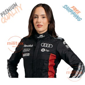 May include: A black racing suit with red accents and white logos, worn by a person. The suit features the logos of Audi, bp, and Pirelli. The words "PREMIUM QUALITY" and "FREE SHIPPING" are also visible.