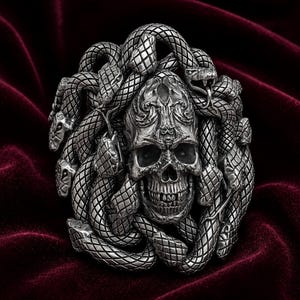 May include: A silver-toned ring featuring a central human skull design surrounded by multiple intertwined snakes with detailed scales. The skull has ornate carvings on the forehead and visible teeth, while the snakes wrap around the entire perimeter.