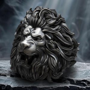 Puede incluir: Un anillo de metal oscuro que presenta una cabeza de león tridimensional muy detallada con una melena fluida y texturizada. El león tiene la boca abierta mostrando los dientes, con sombras y luces profundas que acentúan los detalles esculpidos.