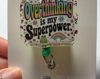 Portabadge retrattile "Pensare troppo è il mio superpotere" / Divertente portabadge sulla salute mentale / Portabadge retrattile glitterato / Regalo per insegnanti e infermieri