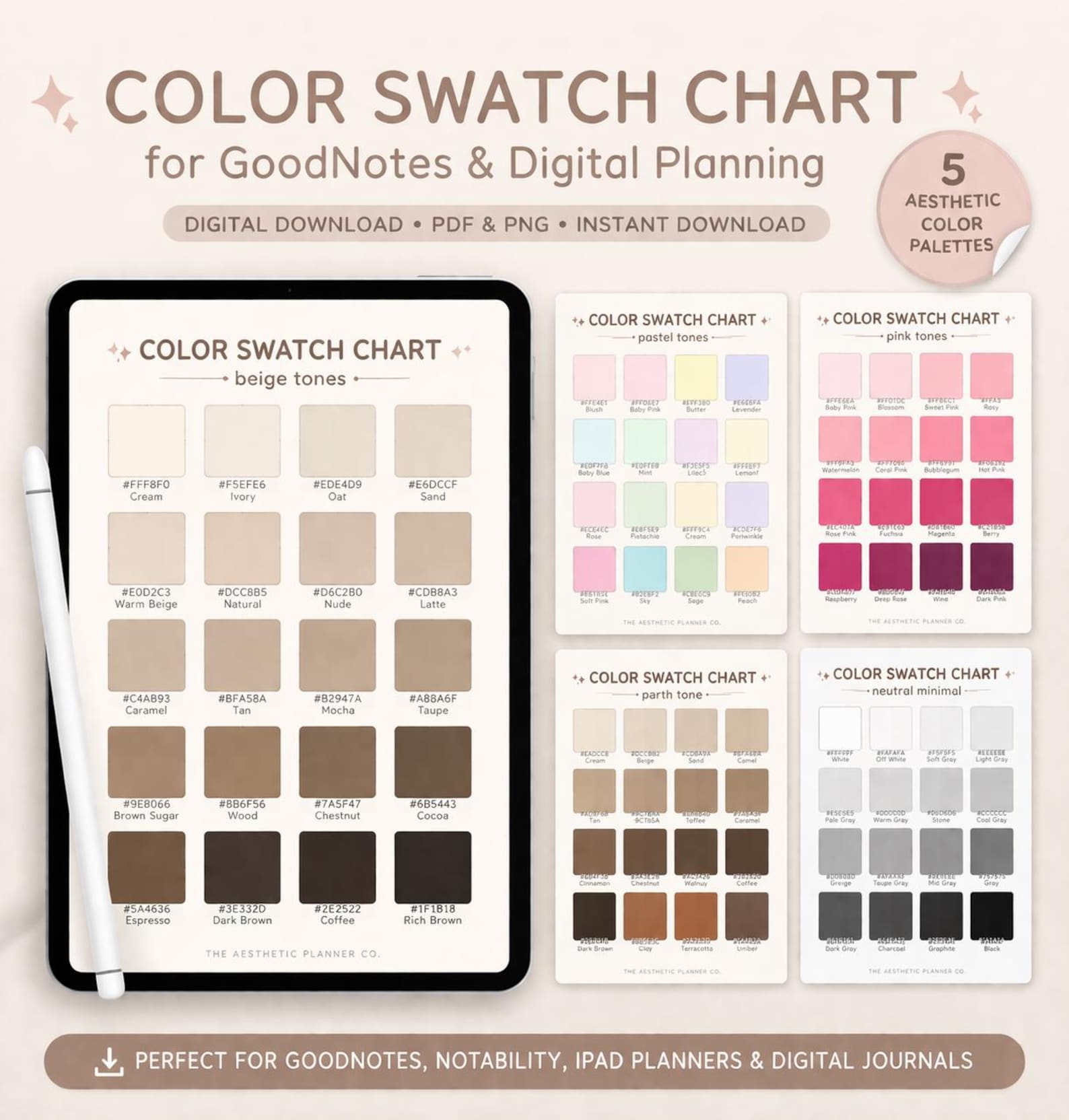 Beige Color Palette Swatch Chart | Neutral Tones for Goodnotes ...