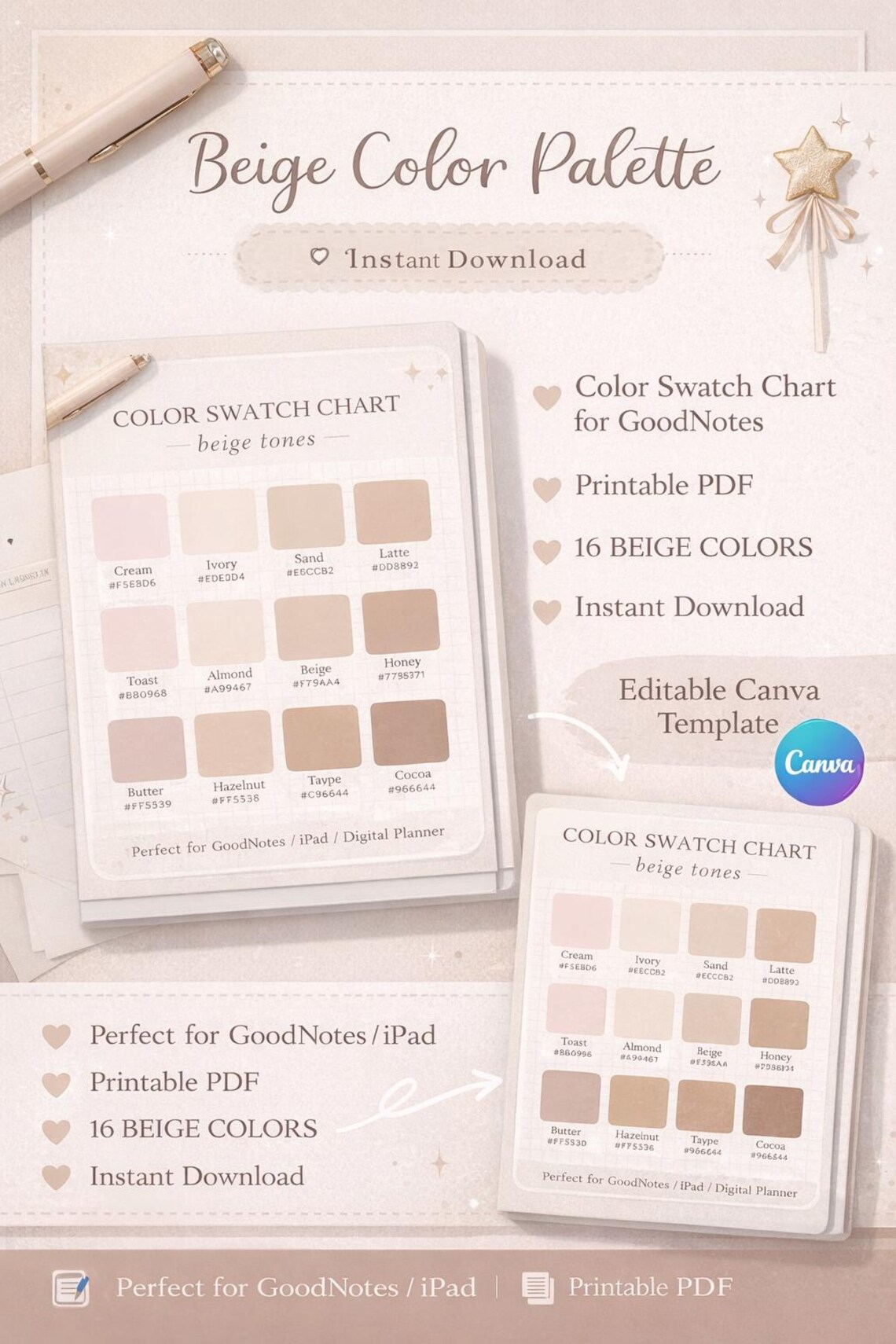 Beige Color Palette Swatch Chart | Neutral Tones for Goodnotes ...