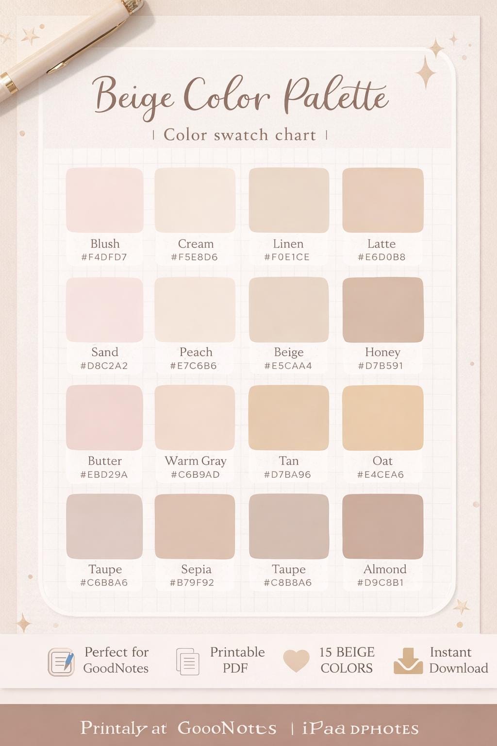 Beige Color Palette Swatch Chart | Neutral Tones for Goodnotes ...