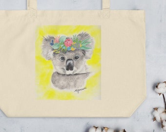 Floral Crown Koala Bear Chalk Pastel Print Large organic tote bag