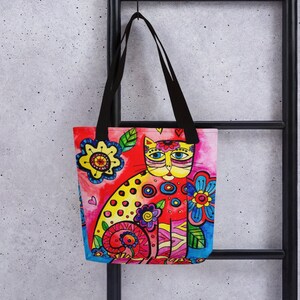 Colorful Patterned Cat Original Watercolor Print Tote bag