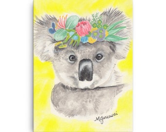 Floral Crown Koala Bear Chalk Pastel Print on Canvas by Marcie Jurkowski