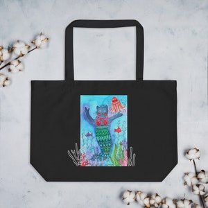 Merkitty Mermaid Cat Large organic tote bag featuring Original Watercolor and Ink Print by Marcie Jurkowski