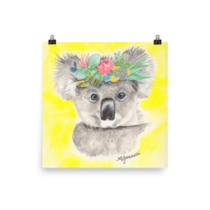 Floral Crown Koala Bear Original Chalk Pastel Poster Print by Marcie Jurkowski