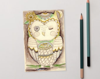 Sunny the Sunflower Owl Standard Postcard Printed from Original Mixed Media Art by Marcie Jurkowski