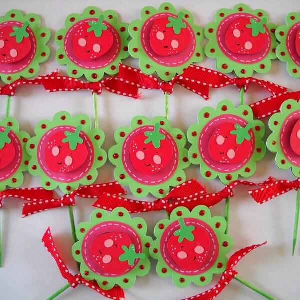 Strawberry Birthday, Strawberry Cupcake Toppers, Girl Birthday Cupcake Toppers, Dozen READY TO SHIP