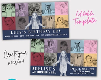 May include: A colorful invitation template for a child's birthday party. The template features a collage of photos of a young girl, with a blue background and text that says "Lucy's Birthday Era" and "April 11, 2024 - 2PM The Play Zone: 555 South Street Anytown". The template is 5.5 inches by 3 inches.