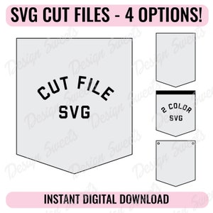 May include: Four SVG cut file options for a banner or sign. The first option is a white banner with black text that reads "CUT FILE SVG". The second option is a white banner with a black border. The third option is a white banner with a black border and black text that reads "2 COLOR SVG". The fourth option is a white banner with a black border and a hole in the top.