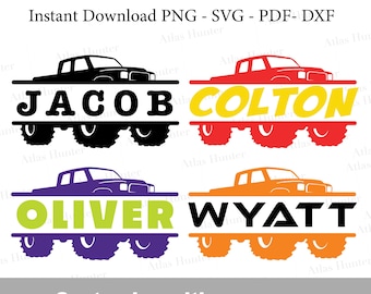 Monster Truck Name Tag SVG Split Monogram MonsterTruck for Kids Customizable Monster Truck Sticker Cut File Boys Name Tag Ideas Big Trucks