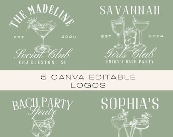 Könnte beinhalten: Fünf grüne und weiße, in Canva bearbeitbare Logos für eine Junggesellinnenparty. Die Logos zeigen ein Cocktailglas mit einem Getränk und einem Textüberlagerung. Die Logos beinhalten die Namen "The Madeline Social Club", "Savannah Girls Club", "Bach Party Sprit's", "Sophia's Social Club" und "Emily's Last Sip".